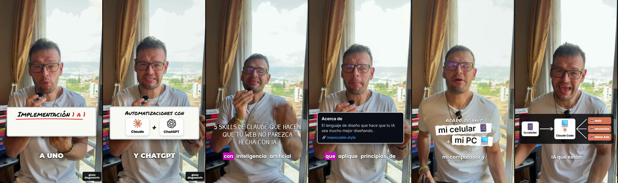 Seis cuadros de reels editados con la skill: tablero escrito a mano, logos de Claude y ChatGPT, título a mano, ficha de una herramienta, etiquetas de papel y un diagrama